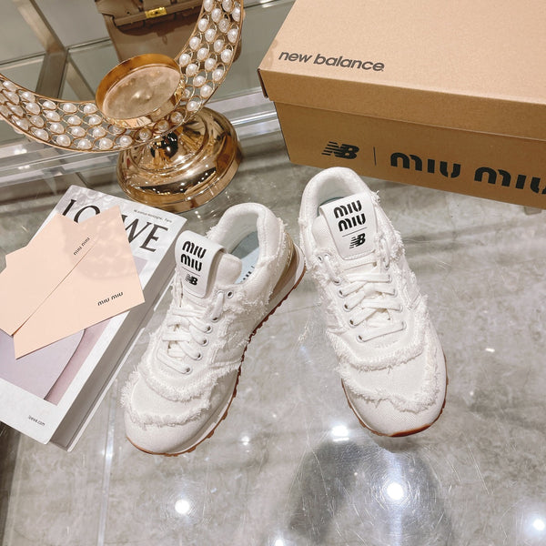 MIU MIU x New Balance 574 Sneakers White Canvas Denim 498913