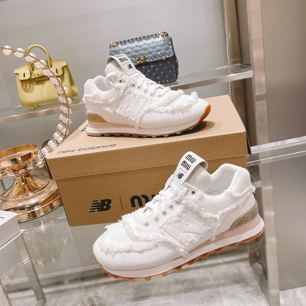 MIU MIU x New Balance 574 Sneakers White Canvas Denim 498913