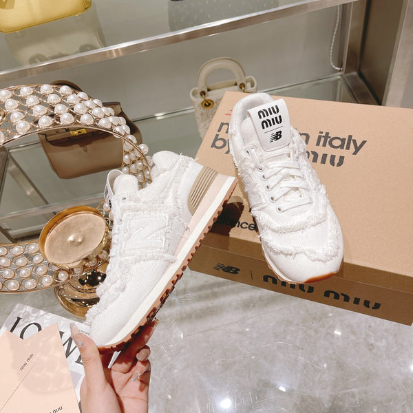 MIU MIU x New Balance 574 Sneakers White Canvas Denim 498913