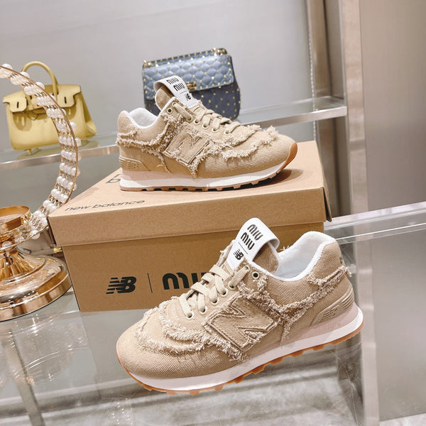 MIU MIU x New Balance 574 Sneakers Colonial Beige Canvas Denim 498914
