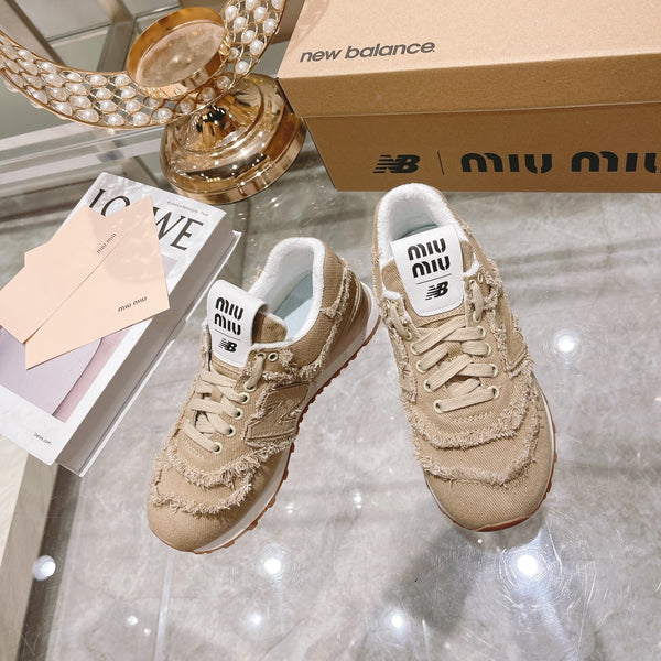 MIU MIU x New Balance 574 Sneakers Colonial Beige Canvas Denim 498914