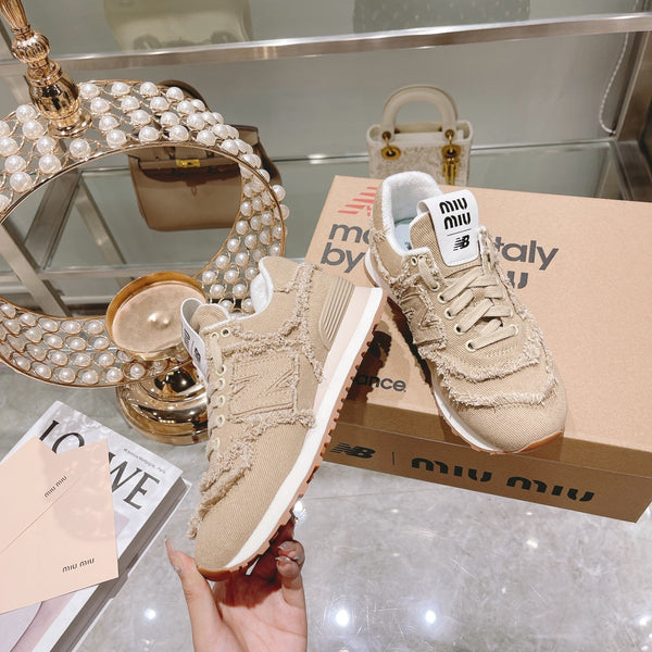 MIU MIU x New Balance 574 Sneakers Colonial Beige Canvas Denim 498914