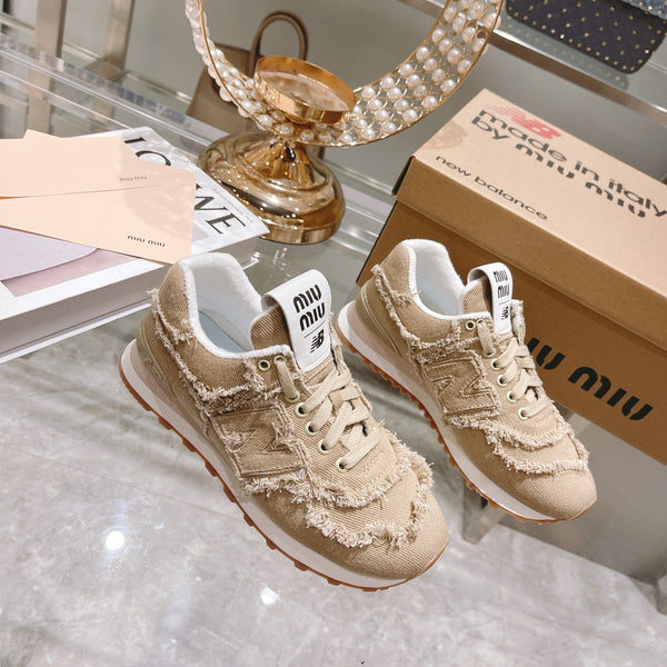 MIU MIU x New Balance 574 Sneakers Colonial Beige Canvas Denim 498914