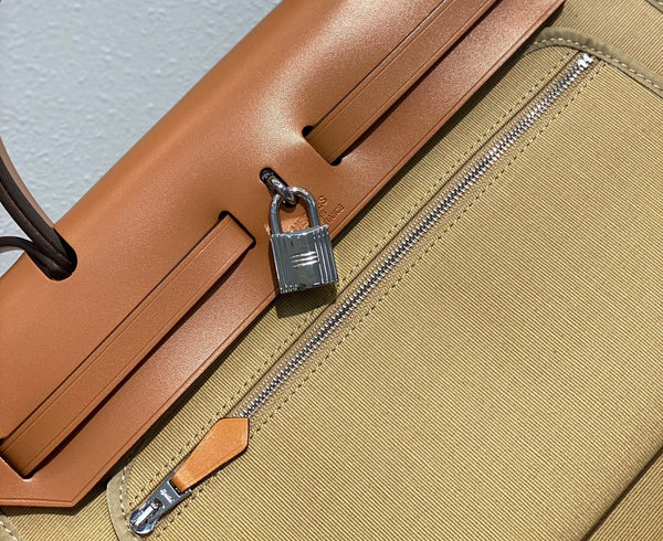 Herbag 31 Toile Beige Canvas Gold Cowhide Leather