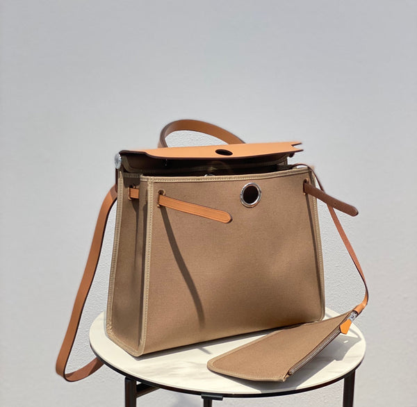 Herbag 31 Toile Brown Canvas Gold Cowhide Leather