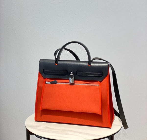 Herbag 31 Toile Red Orange Canvas Black Cowhide Leather