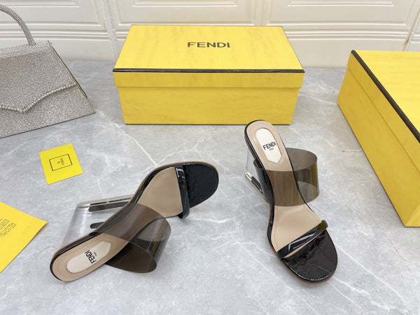FENDI FIRST 95 MM HIGH-HEELED SANDAL IN BLACK TPU FILM AND LAMBSKIN