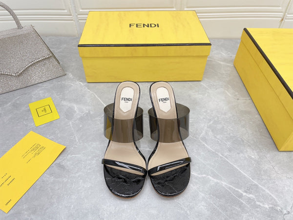 FENDI FIRST 95 MM HIGH-HEELED SANDAL IN BLACK TPU FILM AND LAMBSKIN