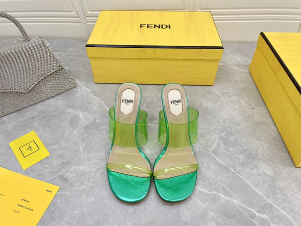 FENDI FIRST 95 MM HIGH-HEELED SANDAL IN GREEN FERN TPU FILM AND LAMBSKIN