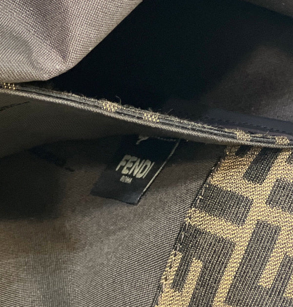 FENDI TOTE 41 BAG IN BROWN MIX BLACK MONOGRAM CANVAS GOLD HARDWARE