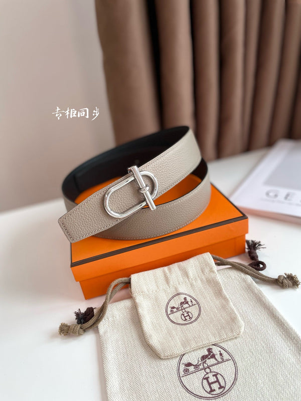 HM ITHAQUE BELT SILVER BUCKLE & REVERSIBLE CAMEL BROWN AND BLACK LEATHER STRAP 38MM