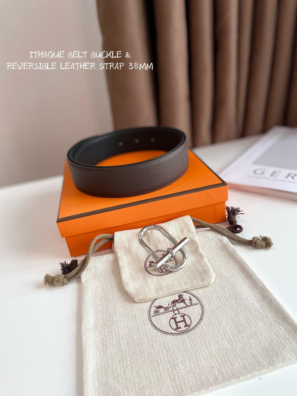 HM ITHAQUE BELT SILVER BUCKLE & REVERSIBLE CHOCOLATE BROWN AND BLACK LEATHER STRAP 38MM