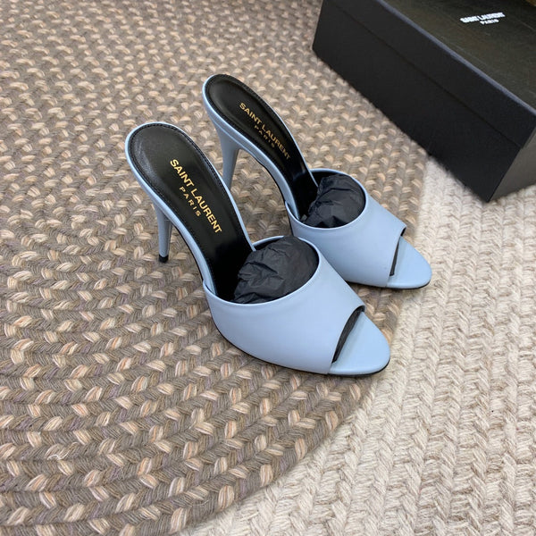 LA 16 HEELED MULES IN SKY BLUE SMOOTH LAMBSKIN