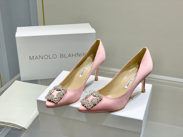 Manolo Diamond Buckle Pumps Light Pink Silk 327504