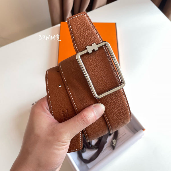 TUBE H BELT BUCKLE & REVERSIBLE BLACK AND CINNAMON BROWN LEATHER STRAP 38MM SILVER  HARDWARE