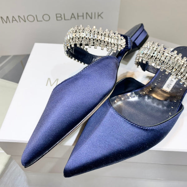 Manolo Flats Mules Diamond Buckle Navy Blue Silk Satin 327482