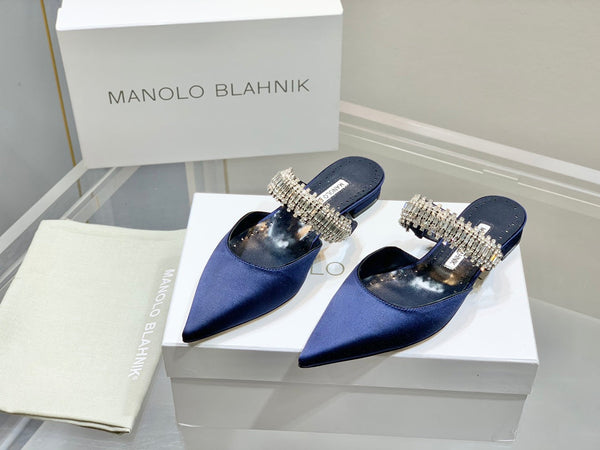 Manolo Flats Mules Diamond Buckle Navy Blue Silk Satin 327482