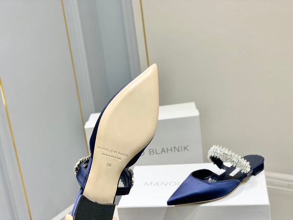 Manolo Flats Mules Diamond Buckle Navy Blue Silk Satin 327482