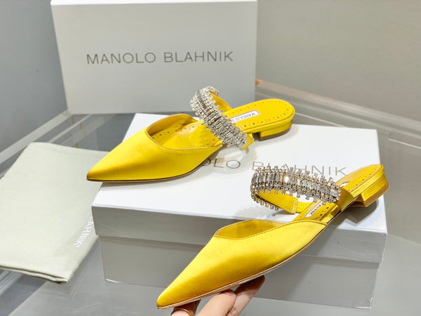 Manolo Flats Mules Diamond Buckle Yellow Silk Satin 327483