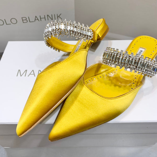 Manolo Flats Mules Diamond Buckle Yellow Silk Satin 327483