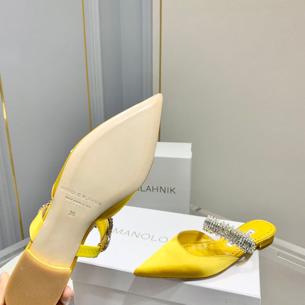 Manolo Flats Mules Diamond Buckle Yellow Silk Satin 327483