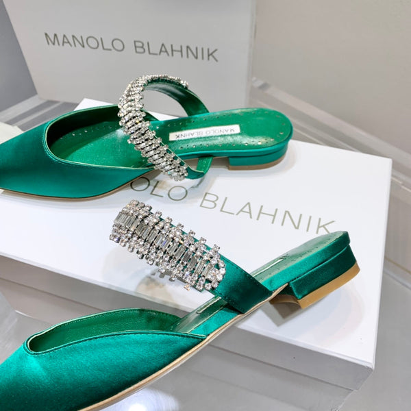 Manolo Flats Mules Diamond Buckle Green Silk Satin 327484