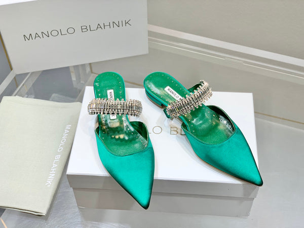 Manolo Flats Mules Diamond Buckle Green Silk Satin 327484
