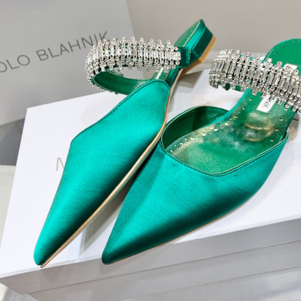 Manolo Flats Mules Diamond Buckle Green Silk Satin 327484