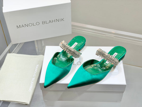 Manolo Flats Mules Diamond Buckle Green Silk Satin 327484