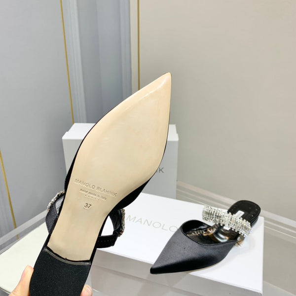 Manolo Flats Mules Diamond Buckle Black Silk Satin 327485