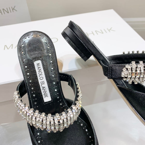 Manolo Flats Mules Diamond Buckle Black Silk Satin 327485