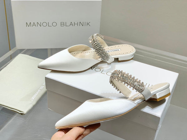 Manolo Flats Mules Diamond Buckle White Silk Satin 327486