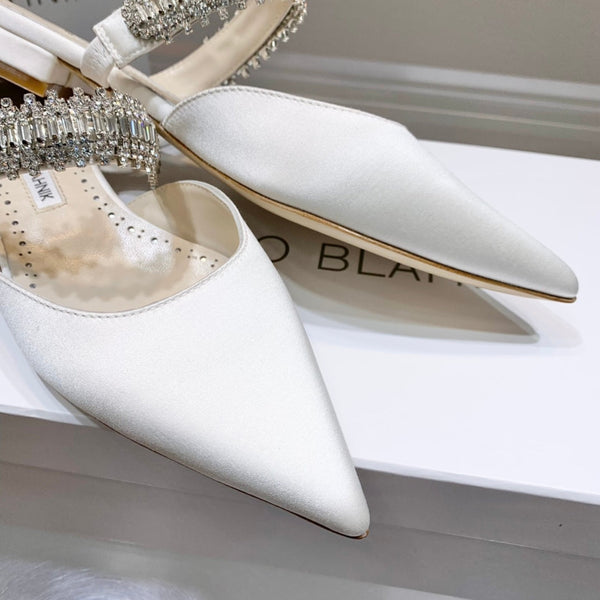 Manolo Flats Mules Diamond Buckle White Silk Satin 327486