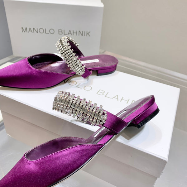 Manolo Flats Mules Diamond Buckle Purple Silk Satin 327487