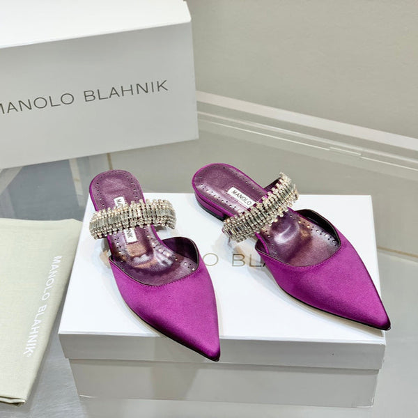 Manolo Flats Mules Diamond Buckle Purple Silk Satin 327487