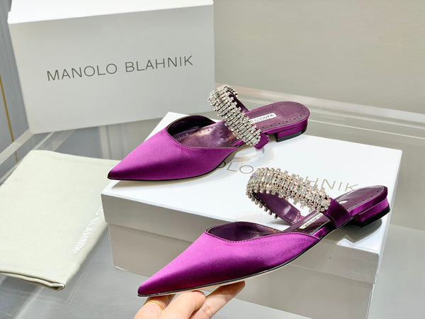 Manolo Flats Mules Diamond Buckle Purple Silk Satin 327487