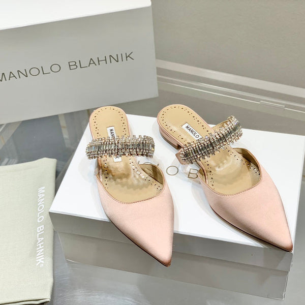 Manolo Flats Mules Diamond Buckle Pink Nude Silk Satin 327488