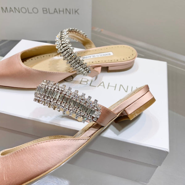 Manolo Flats Mules Diamond Buckle Pink Nude Silk Satin 327488