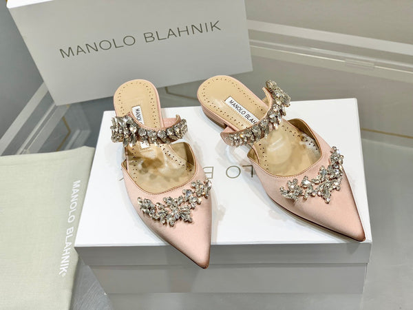 Manolo Flats Mules Crystal Pink Nude Silk Satin 327468