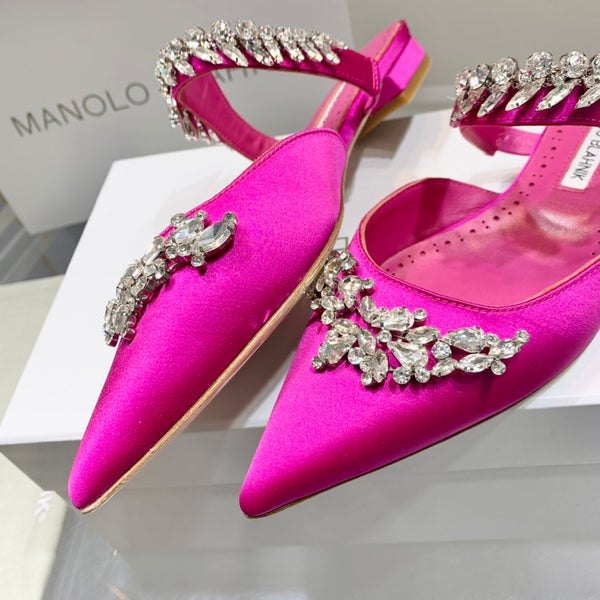 Manolo Flats Mules Crystal Dark Pink Silk Satin 327469