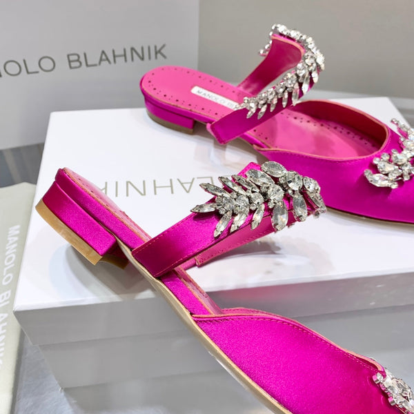 Manolo Flats Mules Crystal Dark Pink Silk Satin 327469