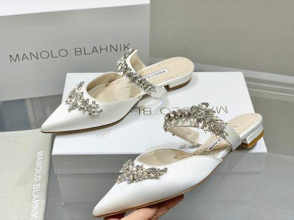 Manolo Flats Mules Crystal White Silk Satin 327471