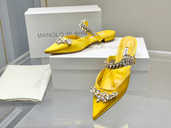 Manolo Flats Mules Crystal Yellow Silk Satin 327472