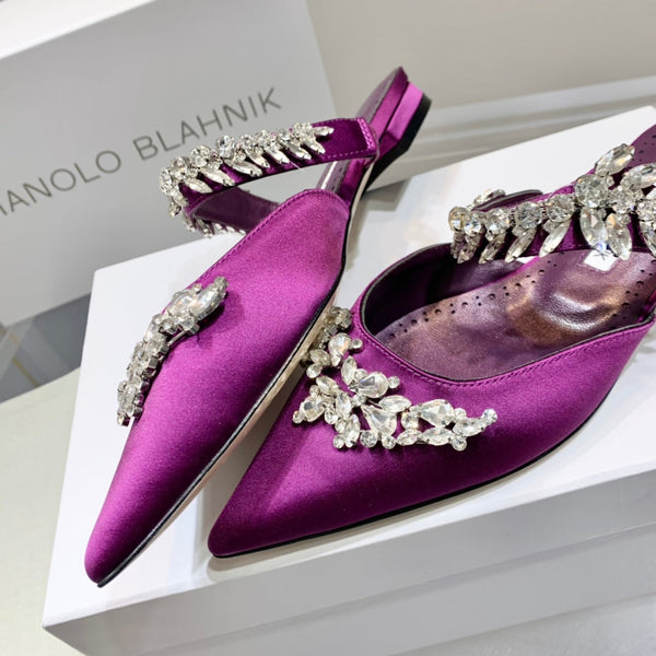 Manolo Flats Mules Crystal Purple Silk Satin 327473