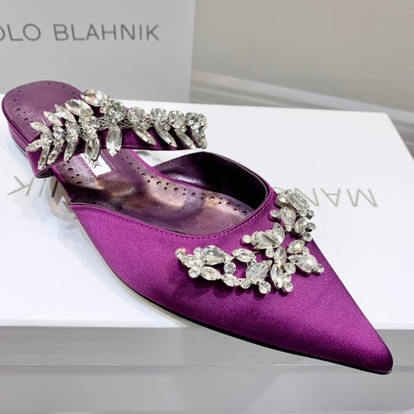 Manolo Flats Mules Crystal Purple Silk Satin 327473
