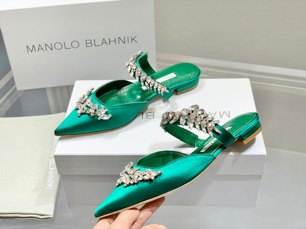 Manolo Flats Mules Crystal Green Silk Satin 327474