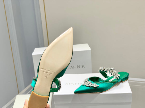 Manolo Flats Mules Crystal Green Silk Satin 327474