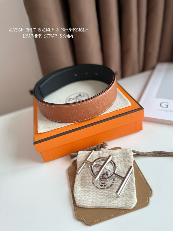 ULYSSE BELT BUCKLE & REVERSIBLE GINGER ORANGE LEATHER STRAP 38MM SILVER HARDWARE