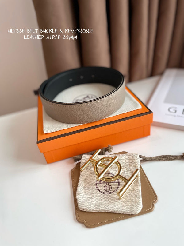 ULYSSE BELT BUCKLE & REVERSIBLE KHAKI BROWN LEATHER STRAP 38MM GOLD HARDWARE