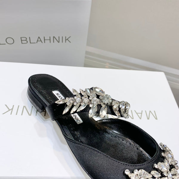 Manolo Flats Mules Crystal Black Silk Satin 327467